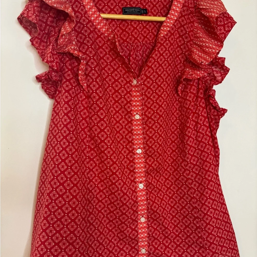 Vineyard Vines Red Tile Patterned Ruffle Blouse - Picture 6 of 6